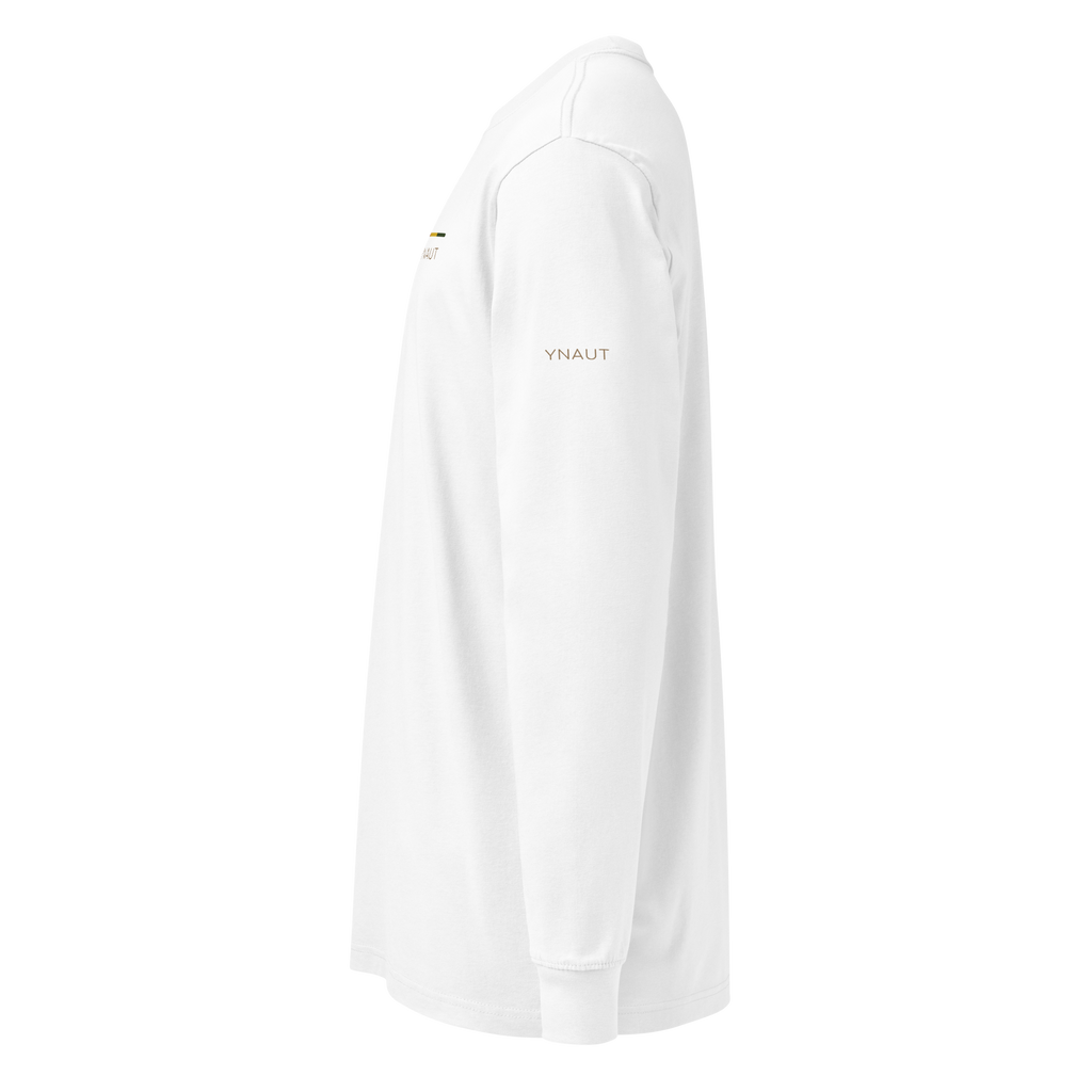 Premium Midweight Long Sleeve T-Shirt | Riddim Collection | YNAUT with printed YNAUT Riddim logo, white, left view