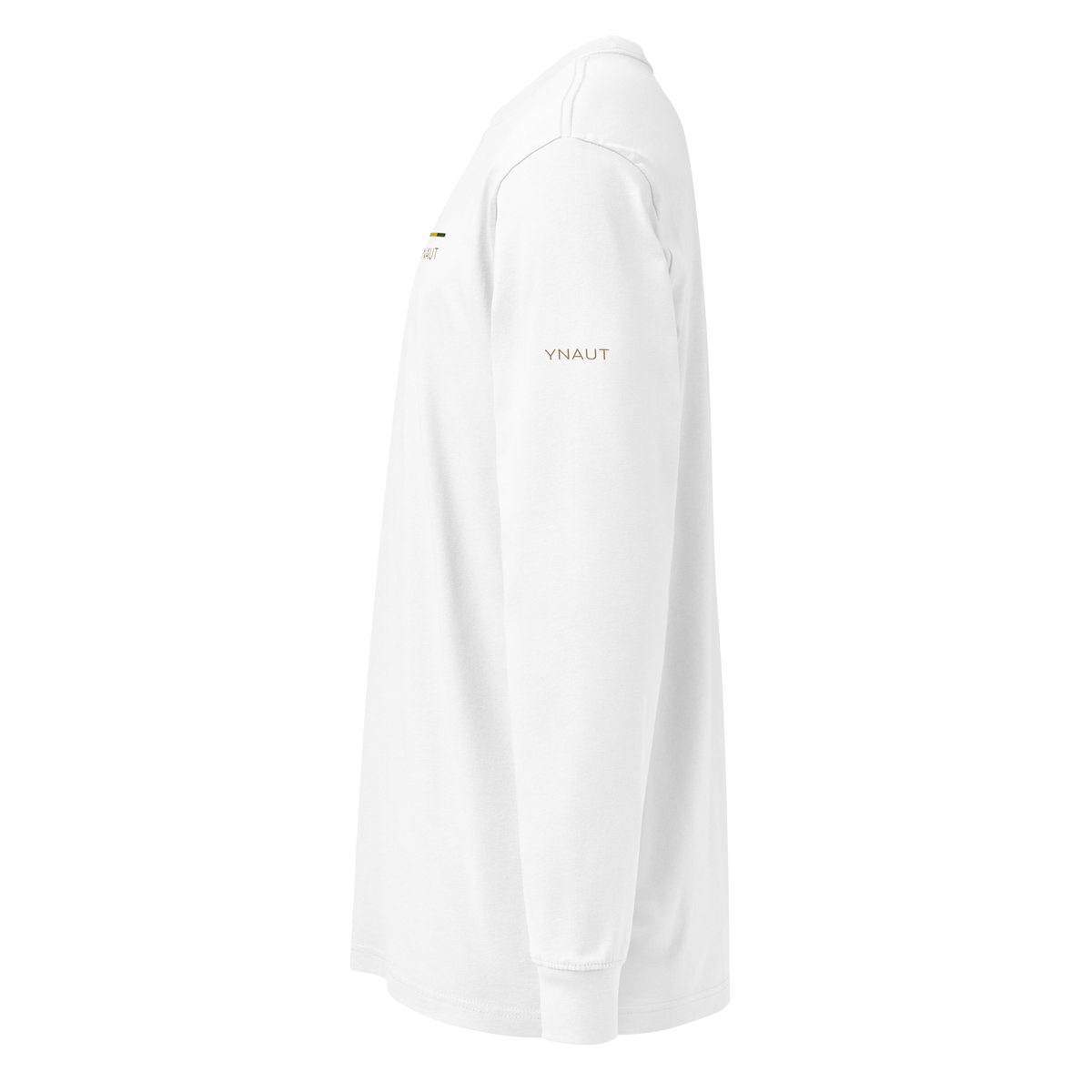 Premium Midweight Long Sleeve T-Shirt | Riddim Collection | YNAUT with printed YNAUT Riddim logo, white, left view