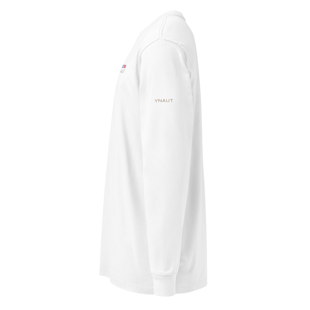 Premium Midweight Long Sleeve T-Shirt | Signal Collection | YNAUT with printed YNAUT Signal logo, white, left view