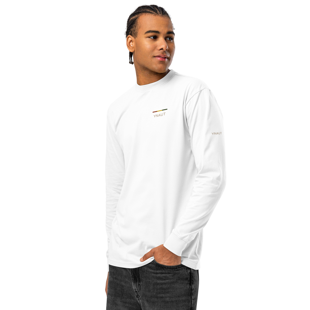 Premium Midweight Long Sleeve T-Shirt | Riddim Collection | YNAUT with printed YNAUT Riddim logo, white, left front view