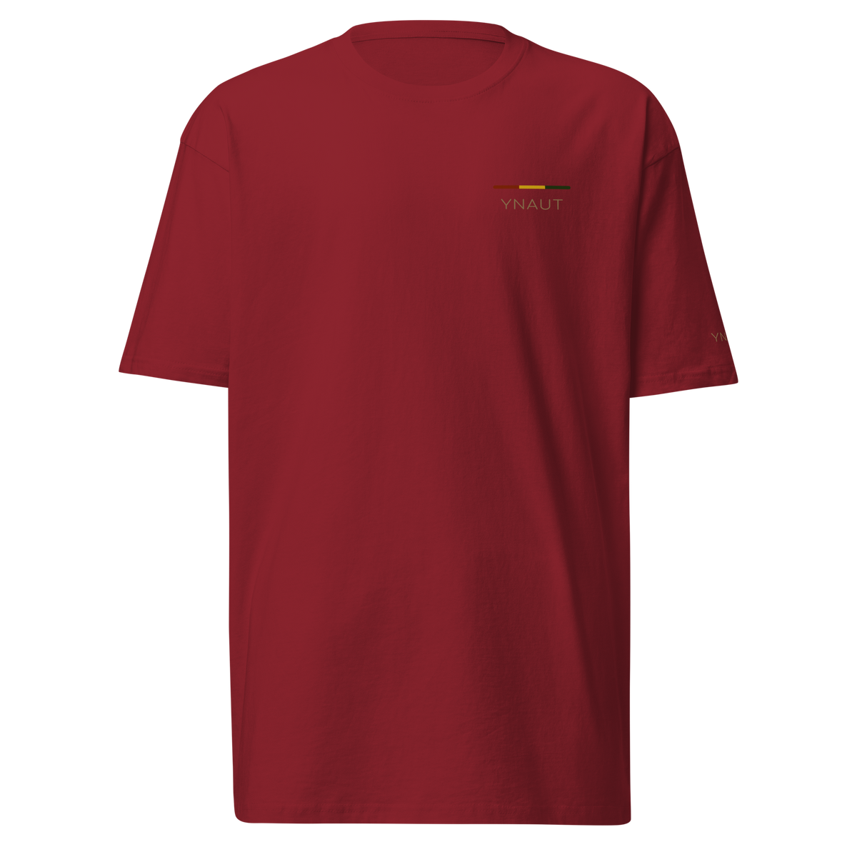 Premium Midweight T-Shirt | Riddim Collection | YNAUT with printed YNAUT Riddim logo, brick red, front view