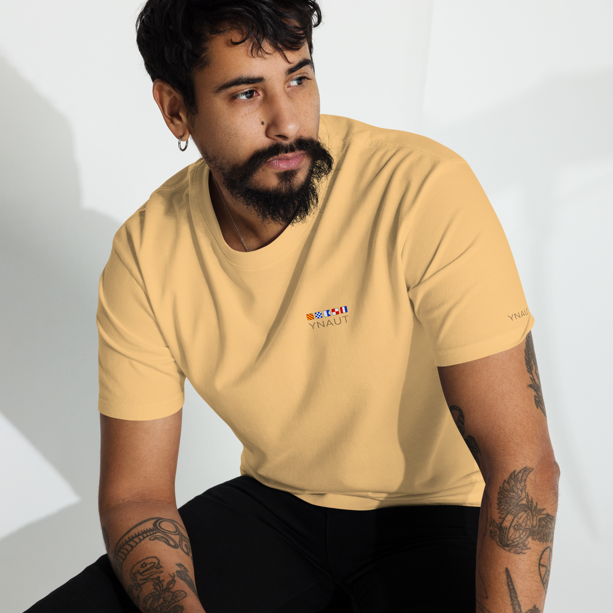 Premium Midweight T-Shirt | Signal Collection | YNAUT with printed YNAUT Signal logo, vintage gold, front view