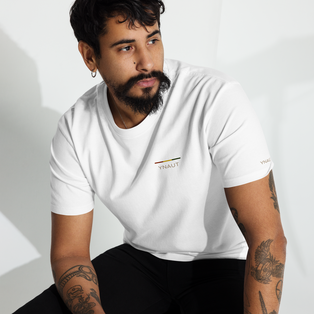 Premium Midweight T-Shirt | Riddim Collection | YNAUT with printed YNAUT Riddim logo, white, front view