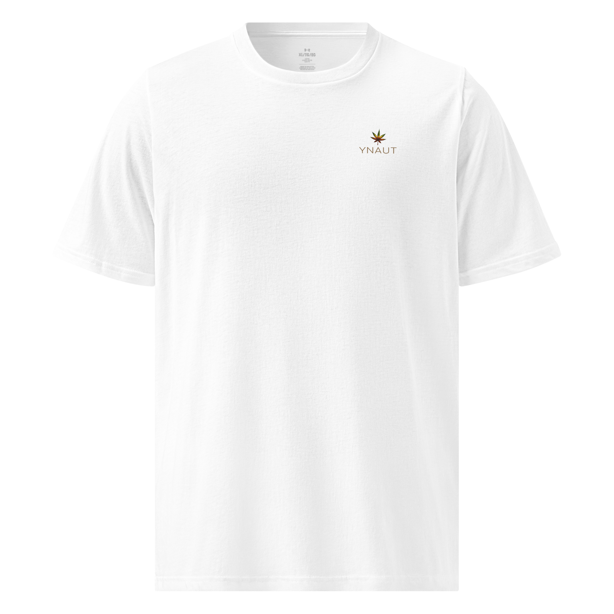YNAUT Under Armour Athletic T-Shirt | Minimalist Cannabis Lifestyle Activewear Tee with printed YNAUT logo, mens-under-armour-athletic-t-shirt-white-front-6a4c26d89b85e