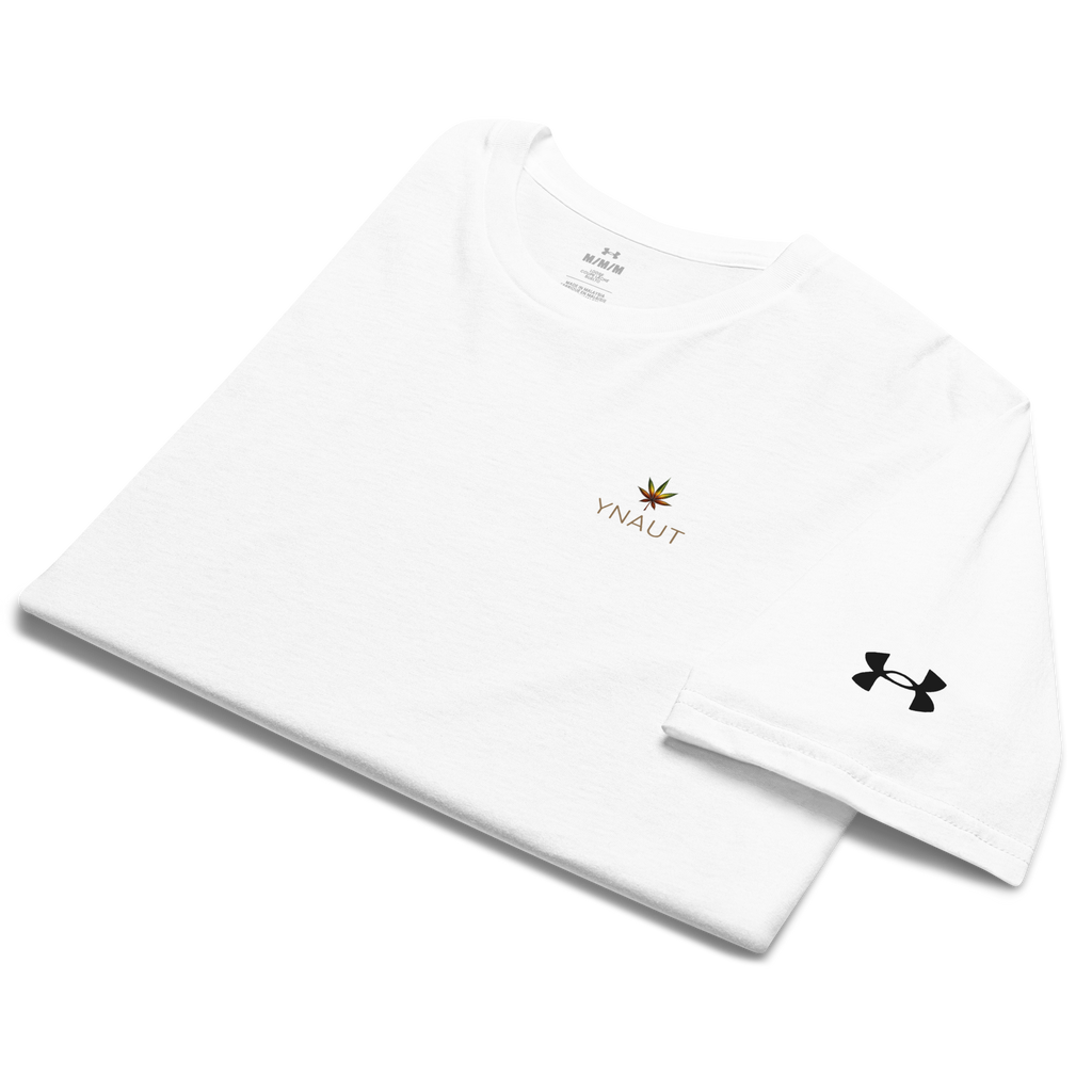 YNAUT Under Armour Athletic T-Shirt | Minimalist Cannabis Lifestyle Activewear Tee with printed YNAUT logo, mens-under-armour-athletic-t-shirt-white-front-6a4c26d89d6de