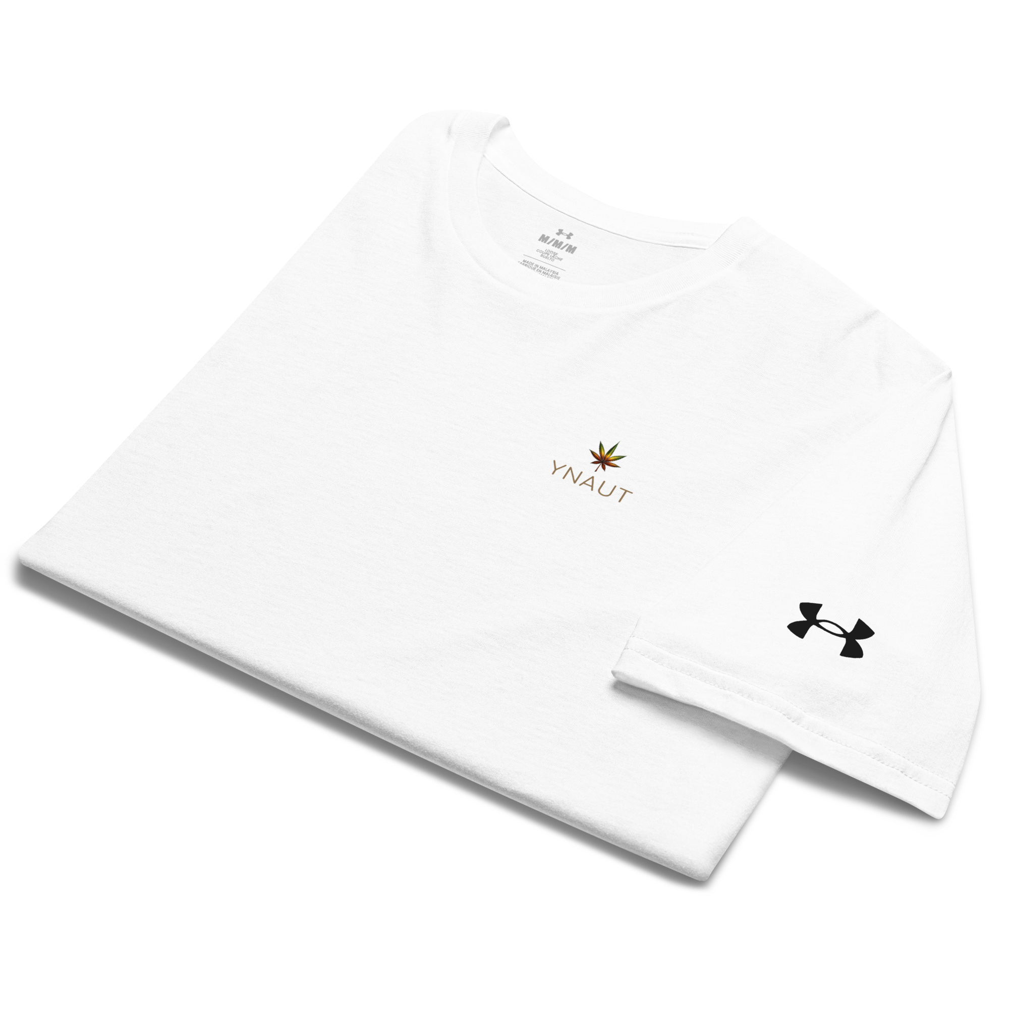 YNAUT Under Armour Athletic T-Shirt | Minimalist Cannabis Lifestyle Activewear Tee with printed YNAUT logo, mens-under-armour-athletic-t-shirt-white-front-6a4c26d89d6de