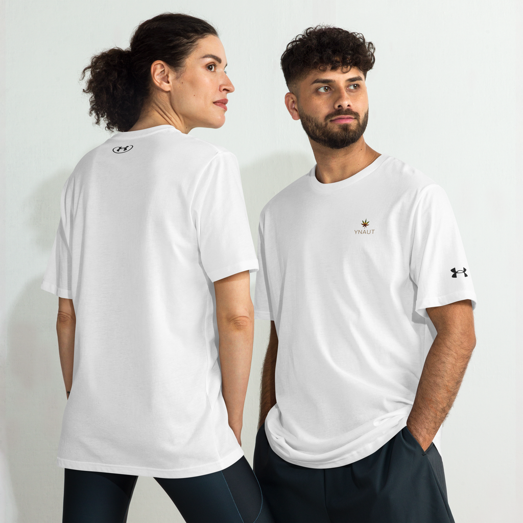 YNAUT Under Armour Athletic T-Shirt | Minimalist Cannabis Lifestyle Activewear Tee with printed YNAUT logo, mens-under-armour-athletic-t-shirt-white-front-and-back-6a4c26d89dedb