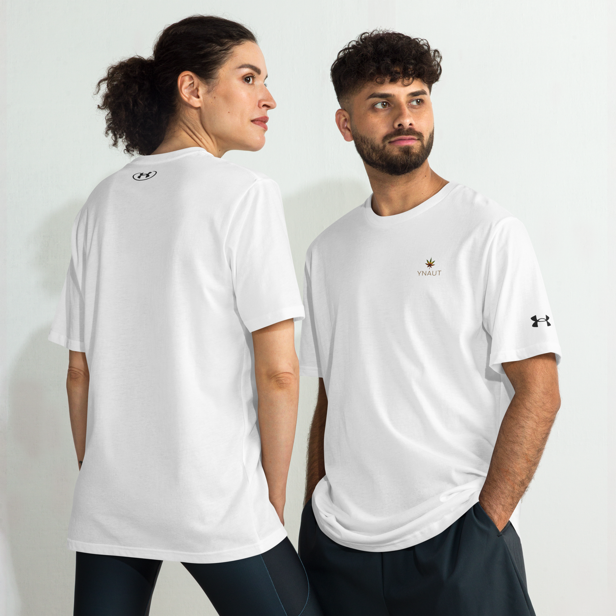 YNAUT Under Armour Athletic T-Shirt | Minimalist Cannabis Lifestyle Activewear Tee with printed YNAUT logo, mens-under-armour-athletic-t-shirt-white-front-and-back-6a4c26d89dedb