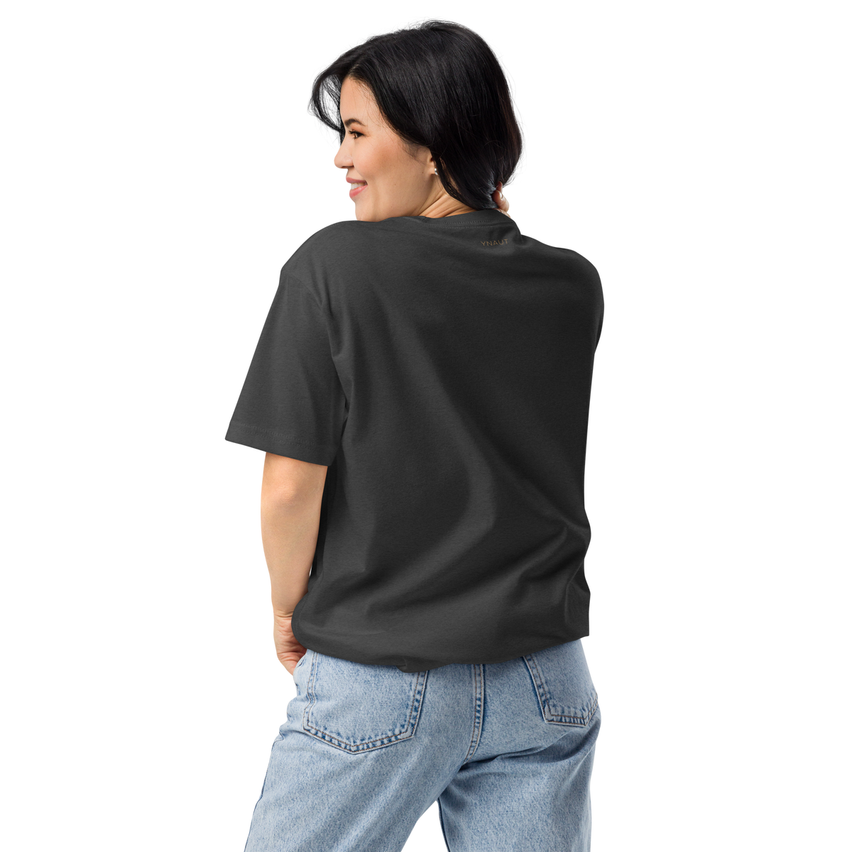 Unisex Fitted T-Shirt | Rhythm Collection | YNAUT with printed YNAUT logo, unisex-cvc-t-shirt-charcoal-back-6ab00cc54498e
