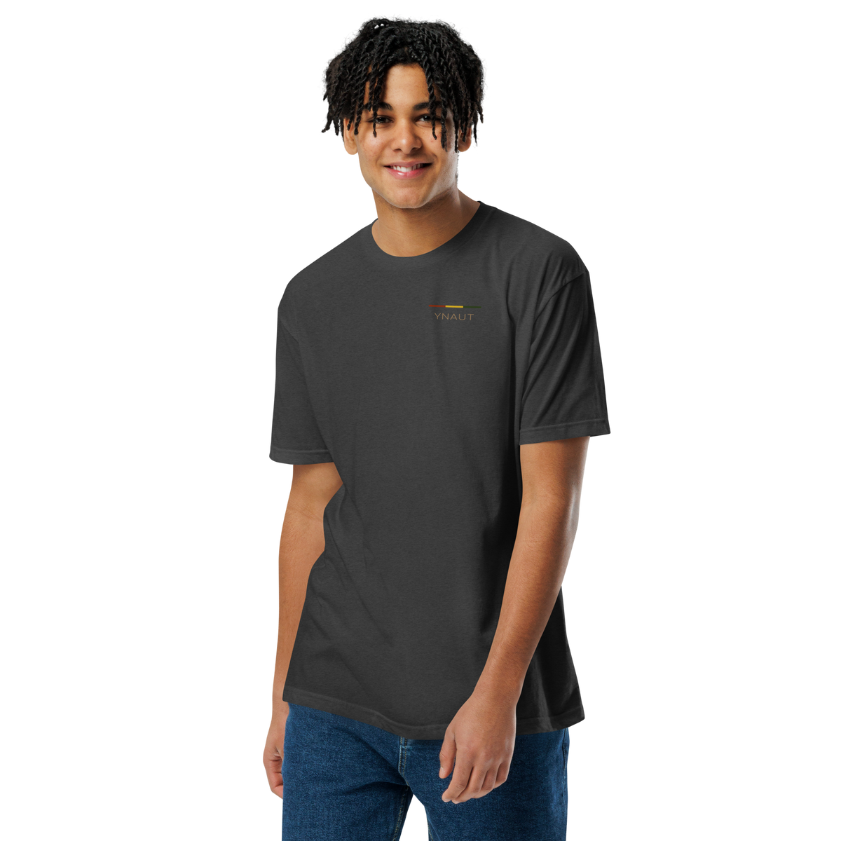Unisex Fitted T-Shirt | Rhythm Collection | YNAUT with printed YNAUT logo, unisex-cvc-t-shirt-charcoal-front-6ab00cc5446ac