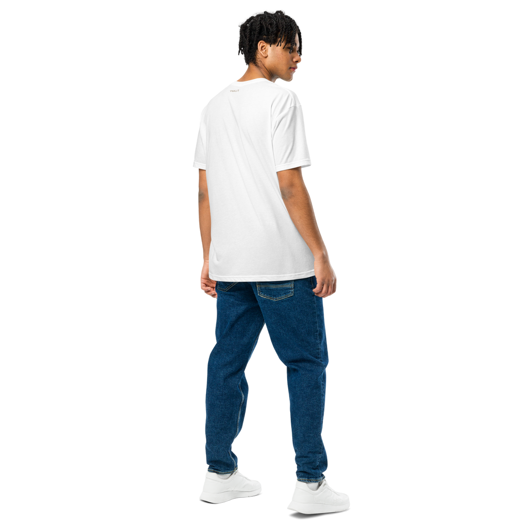 Unisex Fitted T-Shirt | High Tide Collection | YNAUT with printed YNAUT logo, unisex-cvc-t-shirt-white-back-6aadc07e2741a