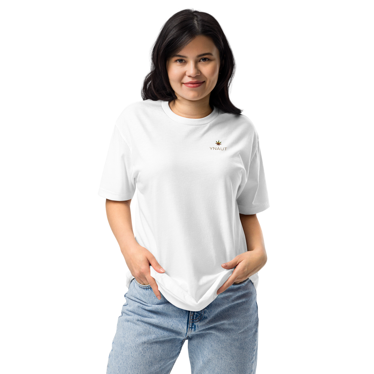 Unisex Fitted T-Shirt | High Tide Collection | YNAUT with printed YNAUT logo, unisex-cvc-t-shirt-white-front-6aadc07e26c98