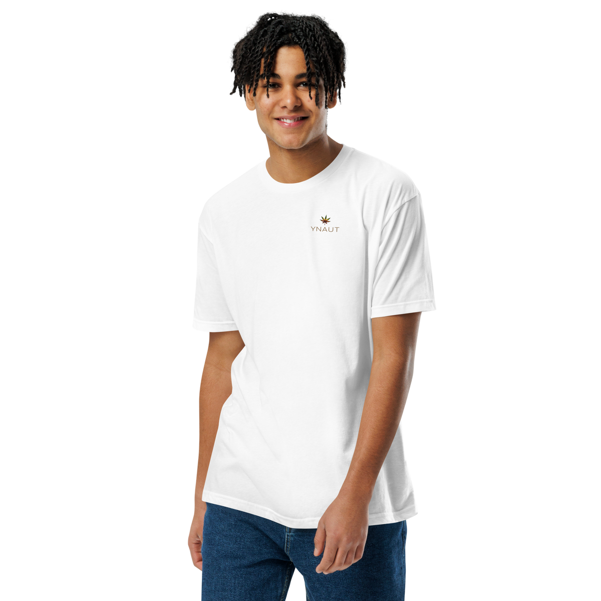 Unisex Fitted T-Shirt | High Tide Collection | YNAUT with printed YNAUT logo, unisex-cvc-t-shirt-white-front-6aadc07e2707d