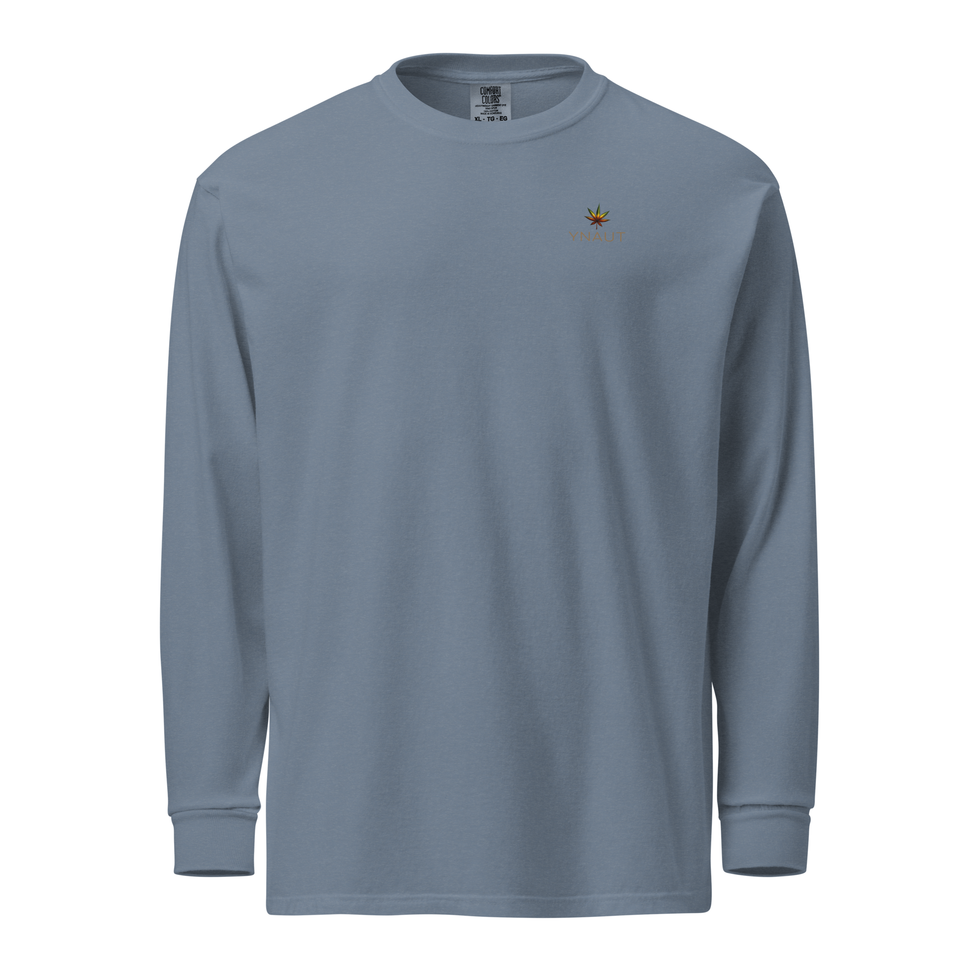YNAUT Garment‑Dyed Heavyweight Long‑Sleeve Shirt | Cannabis Inspired Minimalist Streetwear with printed YNAUT logo, unisex-garment-dyed-heavyweight-long-sleeve-shirt-blue-jean-front-6a4c2e3669084