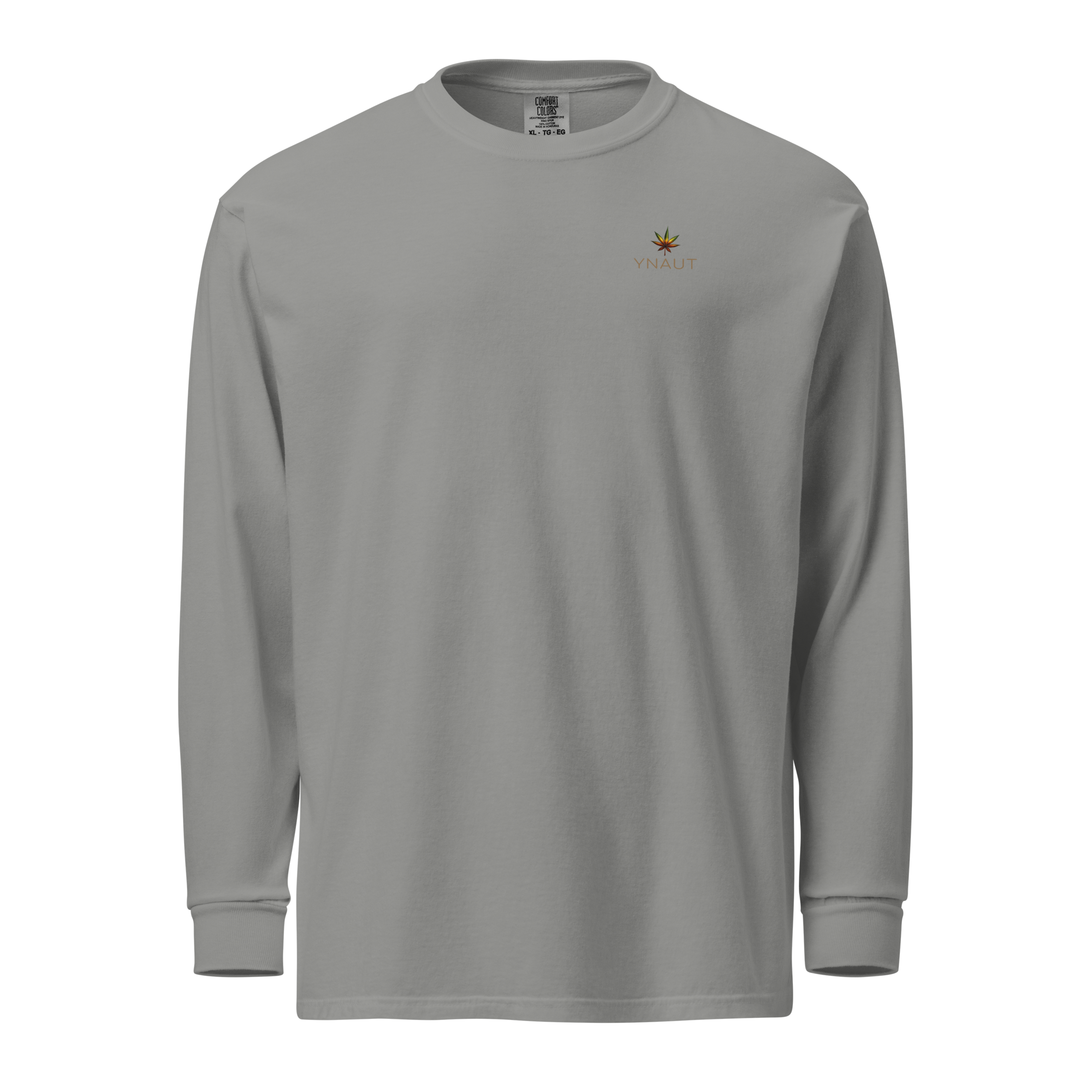 YNAUT Garment‑Dyed Heavyweight Long‑Sleeve Shirt | Cannabis Inspired Minimalist Streetwear with printed YNAUT logo, unisex-garment-dyed-heavyweight-long-sleeve-shirt-grey-front-6a4c2e3669452