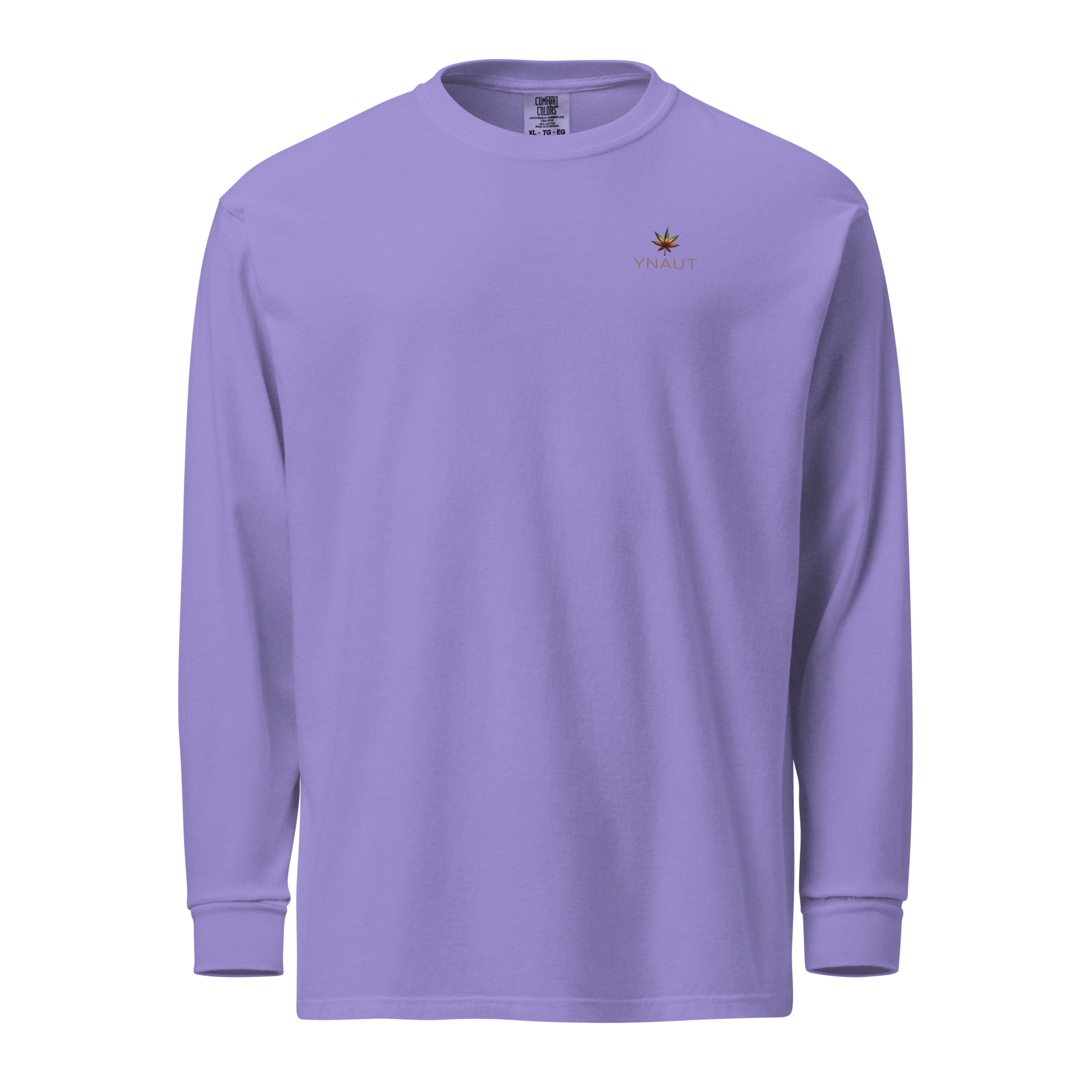 YNAUT Garment‑Dyed Heavyweight Long‑Sleeve Shirt | Cannabis Inspired Minimalist Streetwear with printed YNAUT logo, unisex-garment-dyed-heavyweight-long-sleeve-shirt-violet-front-6a4c2e3669b98