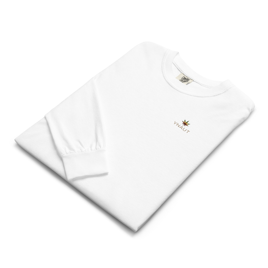 YNAUT Garment‑Dyed Heavyweight Long‑Sleeve Shirt | Cannabis Inspired Minimalist Streetwear with printed YNAUT logo, unisex-garment-dyed-heavyweight-long-sleeve-shirt-white-front-6a4c2e3668205
