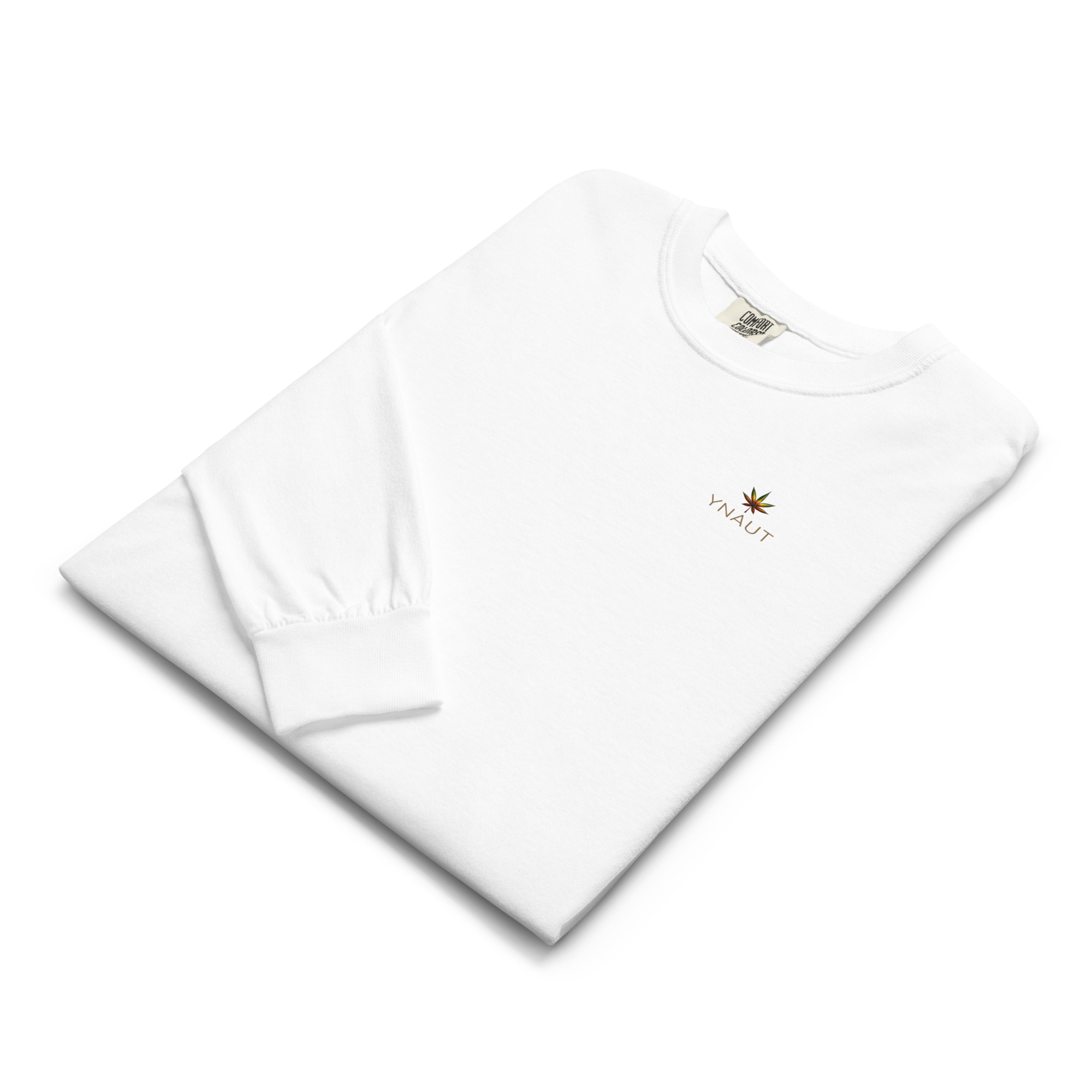 YNAUT Garment‑Dyed Heavyweight Long‑Sleeve Shirt | Cannabis Inspired Minimalist Streetwear with printed YNAUT logo, unisex-garment-dyed-heavyweight-long-sleeve-shirt-white-front-6a4c2e3668205