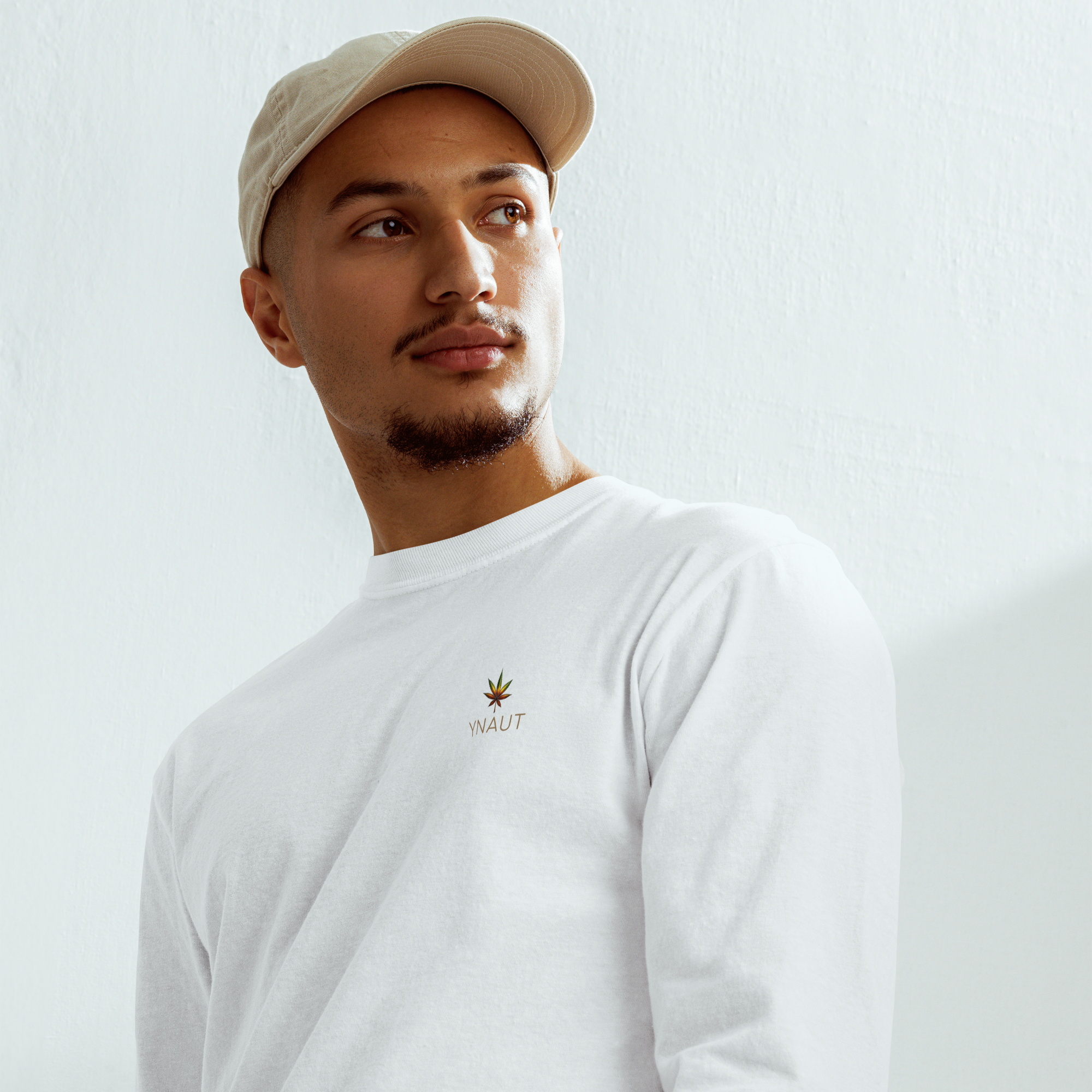 YNAUT Garment‑Dyed Heavyweight Long‑Sleeve Shirt | Cannabis Inspired Minimalist Streetwear with printed YNAUT logo, unisex-garment-dyed-heavyweight-long-sleeve-shirt-white-front-6a4c2e3668944