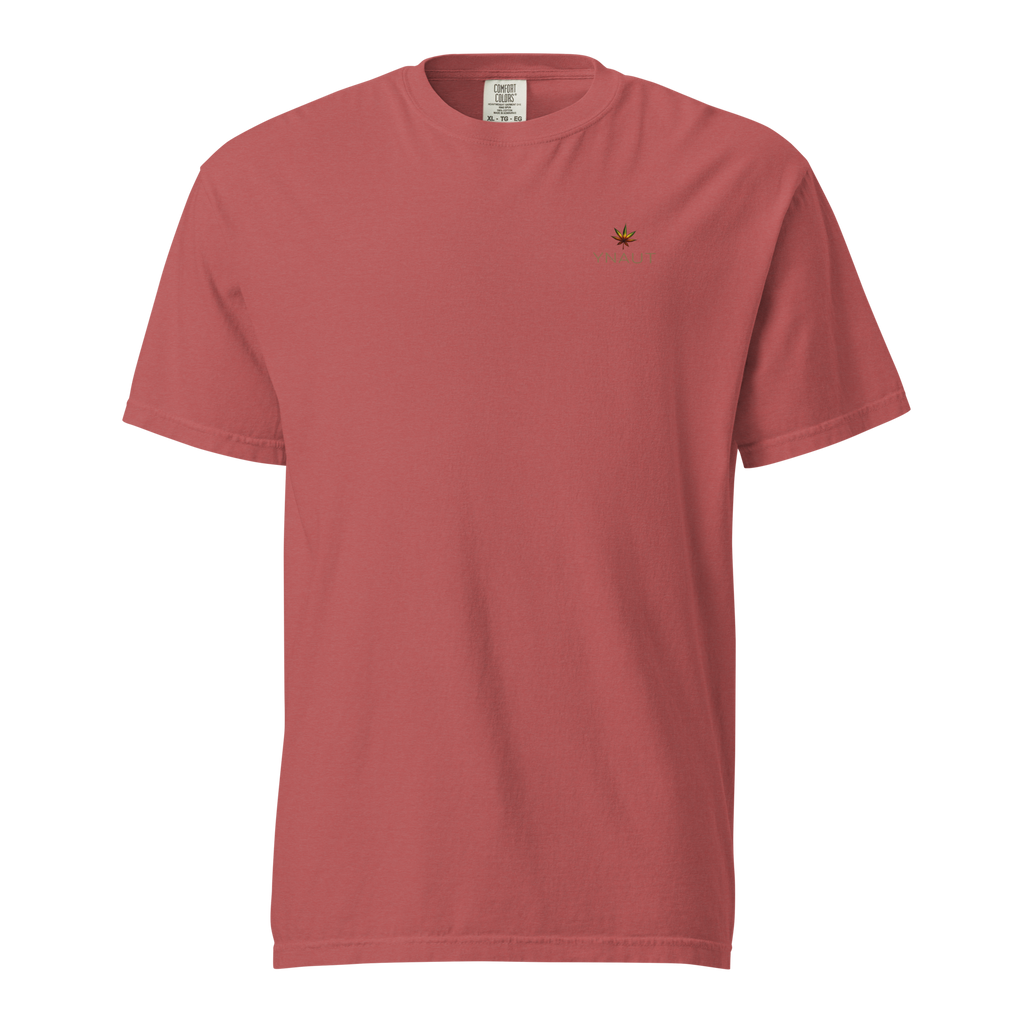 YNAUT Unisex Garment-Dyed Heavyweight T-Shirt | Cannabis Inspired Minimalist Streetwear with printed YNAUT logo, unisex-garment-dyed-heavyweight-t-shirt-crimson-front-6a4d1c744a893