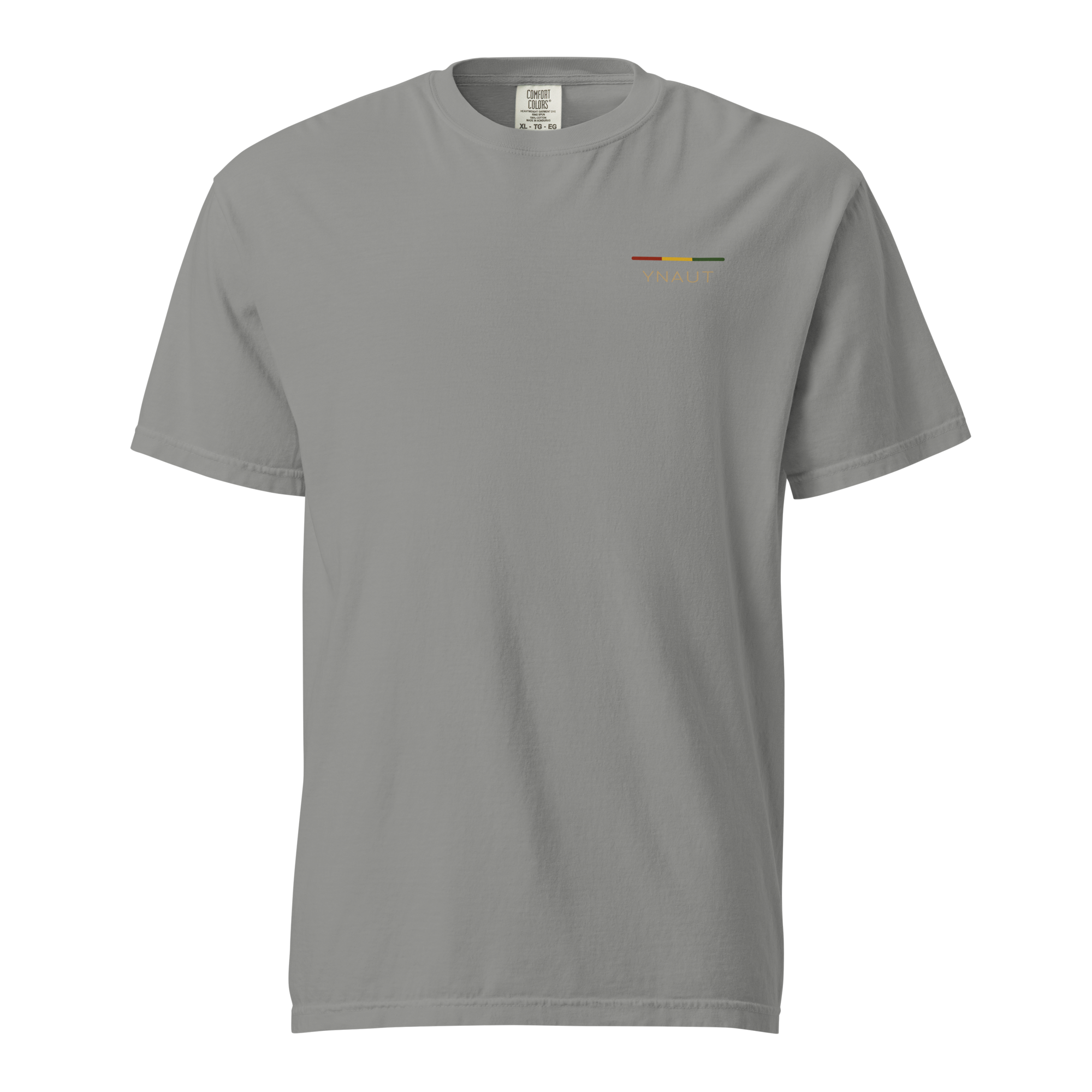YNAUT Garment‑Dyed Heavyweight T‑Shirt | Stripe Logo Minimalist Rasta Tee with printed YNAUT logo, unisex-garment-dyed-heavyweight-t-shirt-grey-front-6a4be267a3aa2