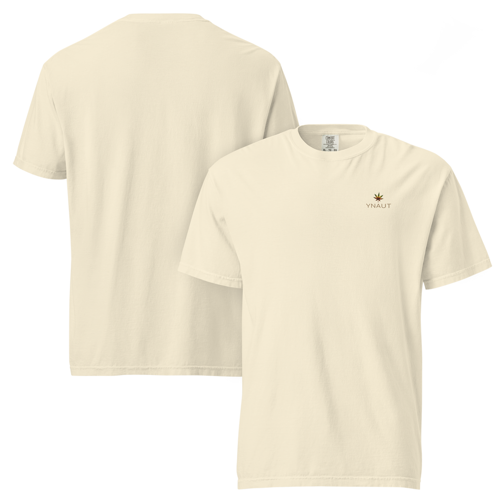 YNAUT Unisex Garment-Dyed Heavyweight T-Shirt | Cannabis Inspired Minimalist Streetwear with printed YNAUT logo, unisex-garment-dyed-heavyweight-t-shirt-ivory-front-and-back-6a4d1c74415b0