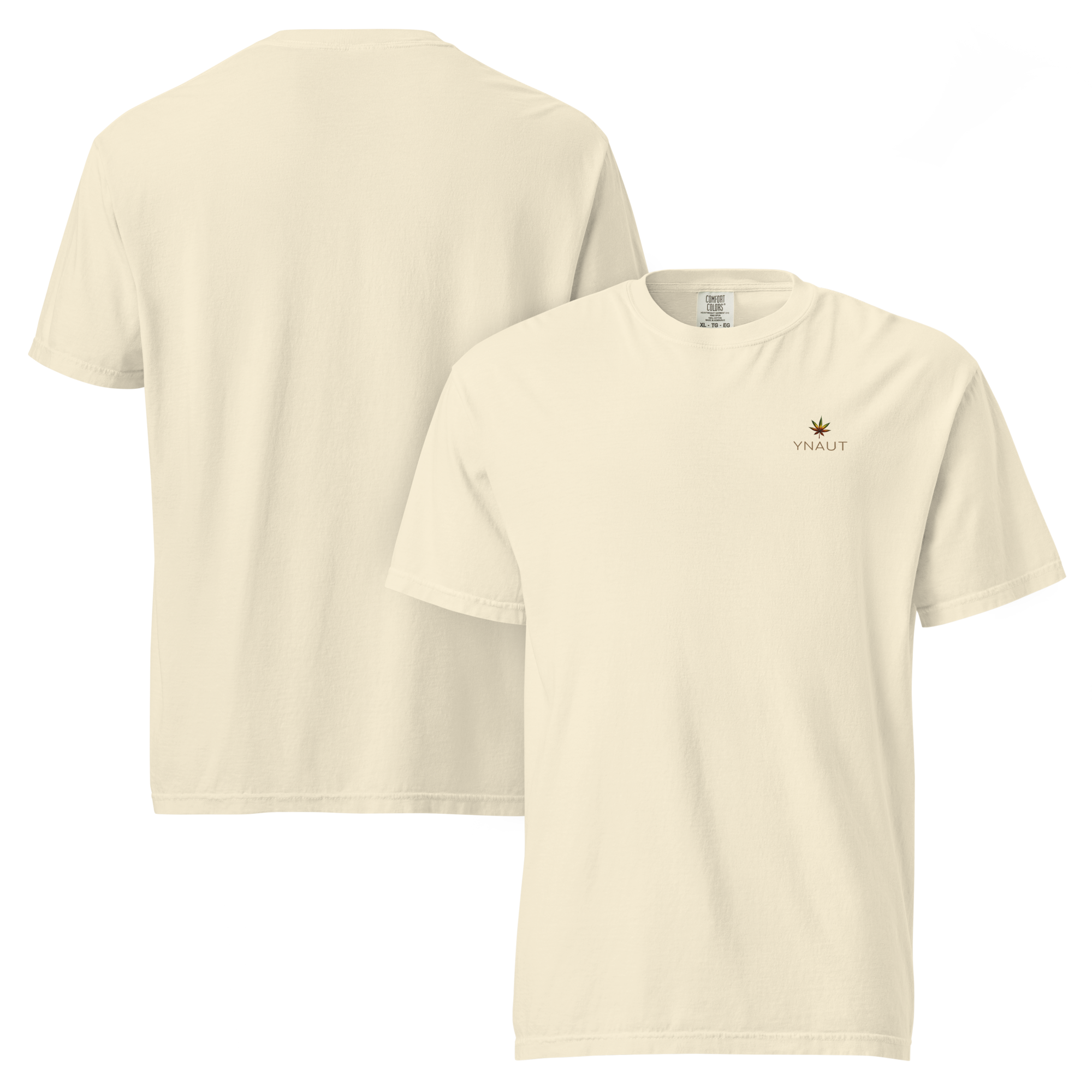 YNAUT Unisex Garment-Dyed Heavyweight T-Shirt | Cannabis Inspired Minimalist Streetwear with printed YNAUT logo, unisex-garment-dyed-heavyweight-t-shirt-ivory-front-and-back-6a4d1c74415b0