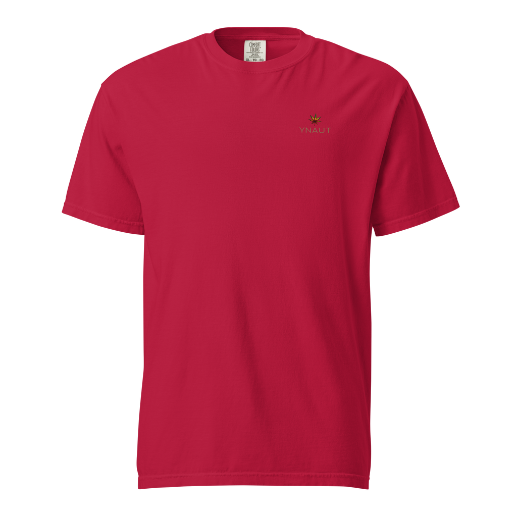 YNAUT Unisex Garment-Dyed Heavyweight T-Shirt | Cannabis Inspired Minimalist Streetwear with printed YNAUT logo, unisex-garment-dyed-heavyweight-t-shirt-red-front-6a4d1c7445feb