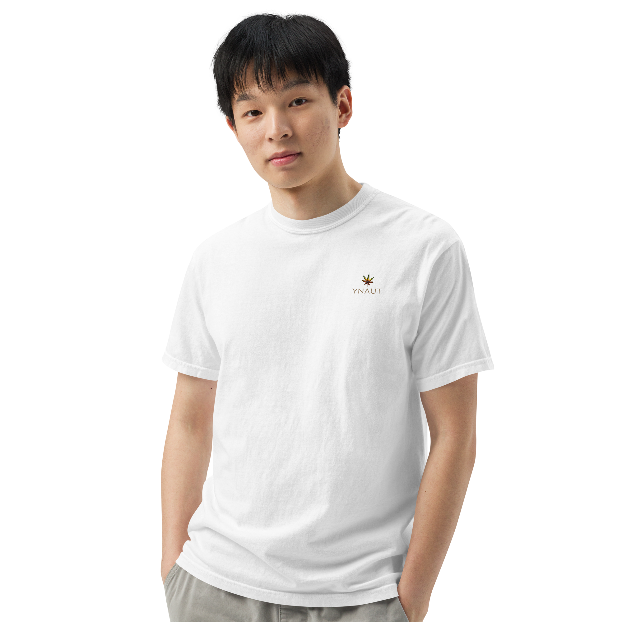 YNAUT Unisex Garment‑Dyed T‑Shirt with printed YNAUT logo, unisex-garment-dyed-heavyweight-t-shirt-white-front-3-69d91e3044c4c