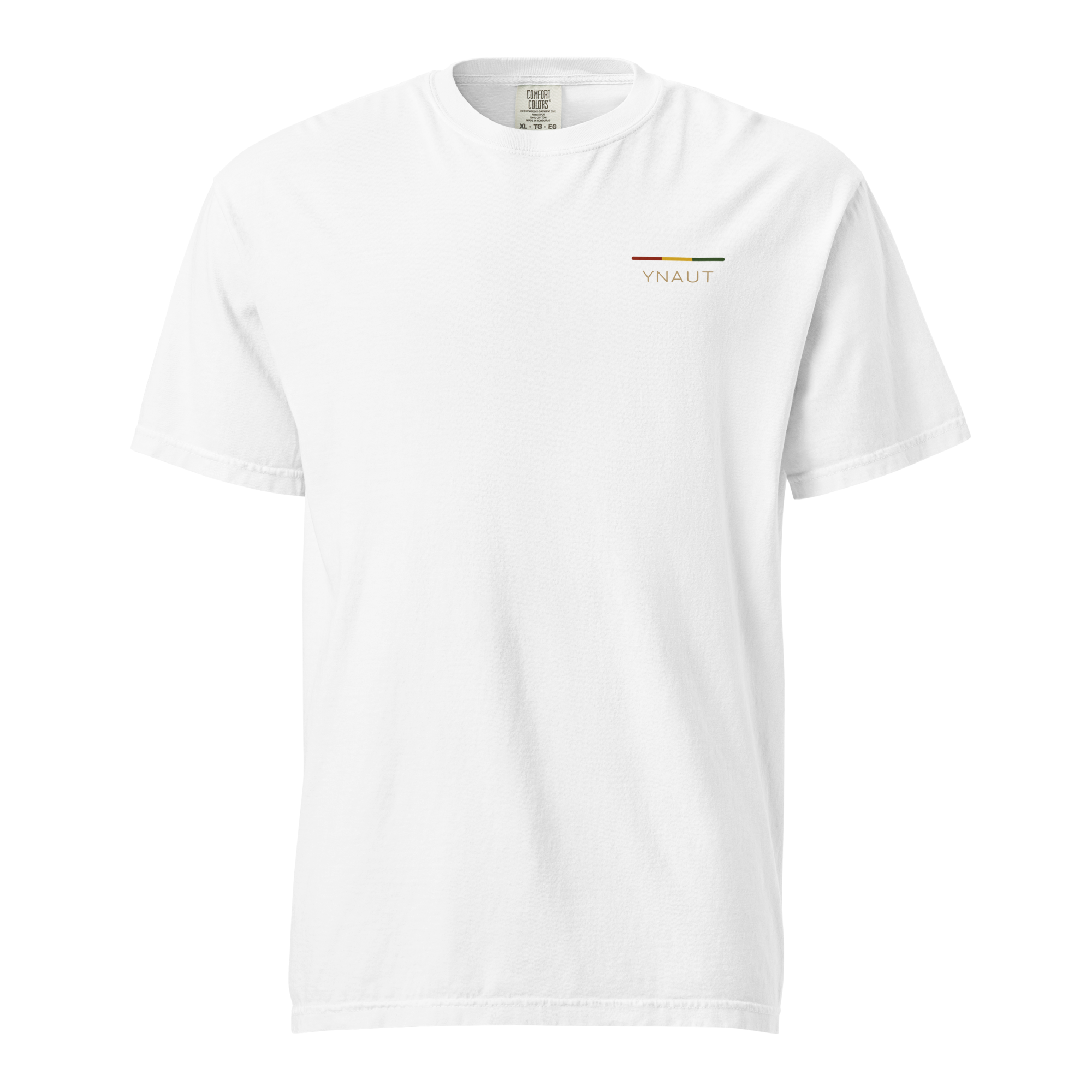 YNAUT Garment‑Dyed Heavyweight T‑Shirt | Stripe Logo Minimalist Rasta Tee with printed YNAUT logo, unisex-garment-dyed-heavyweight-t-shirt-white-front-6a4be2678ca85