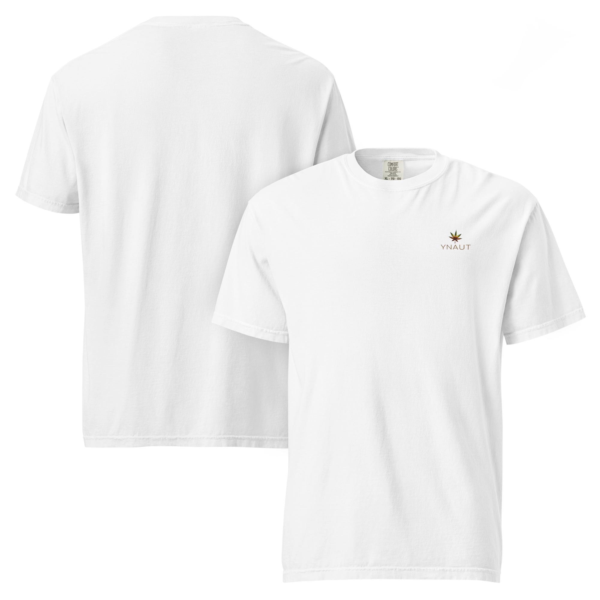 YNAUT Unisex Garment‑Dyed T‑Shirt with printed YNAUT logo, unisex-garment-dyed-heavyweight-t-shirt-white-front-and-back-69d91e303e300