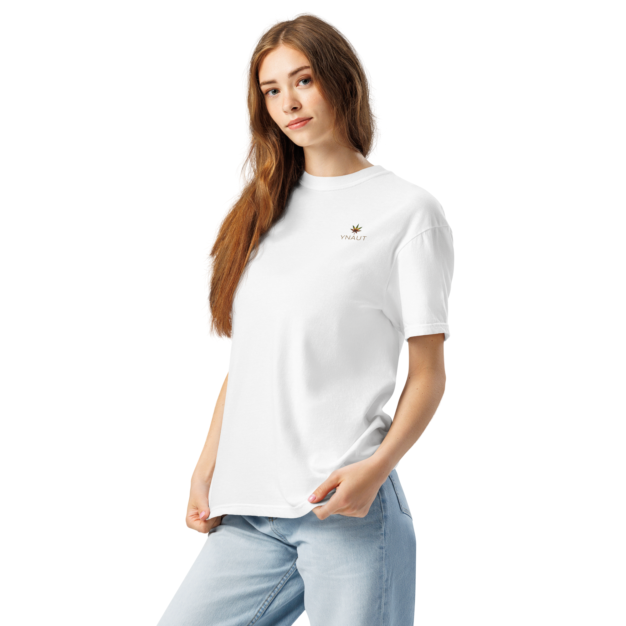 YNAUT Unisex Garment‑Dyed T‑Shirt with printed YNAUT logo, unisex-garment-dyed-heavyweight-t-shirt-white-left-front-69d91e3058663
