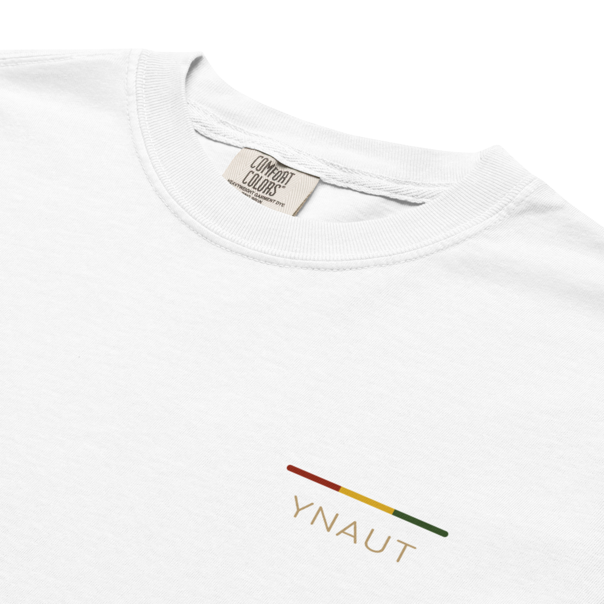 YNAUT Garment‑Dyed Heavyweight T‑Shirt | Stripe Logo Minimalist Rasta Tee with printed YNAUT logo, unisex-garment-dyed-heavyweight-t-shirt-white-product-details-2-6a4be2679798c
