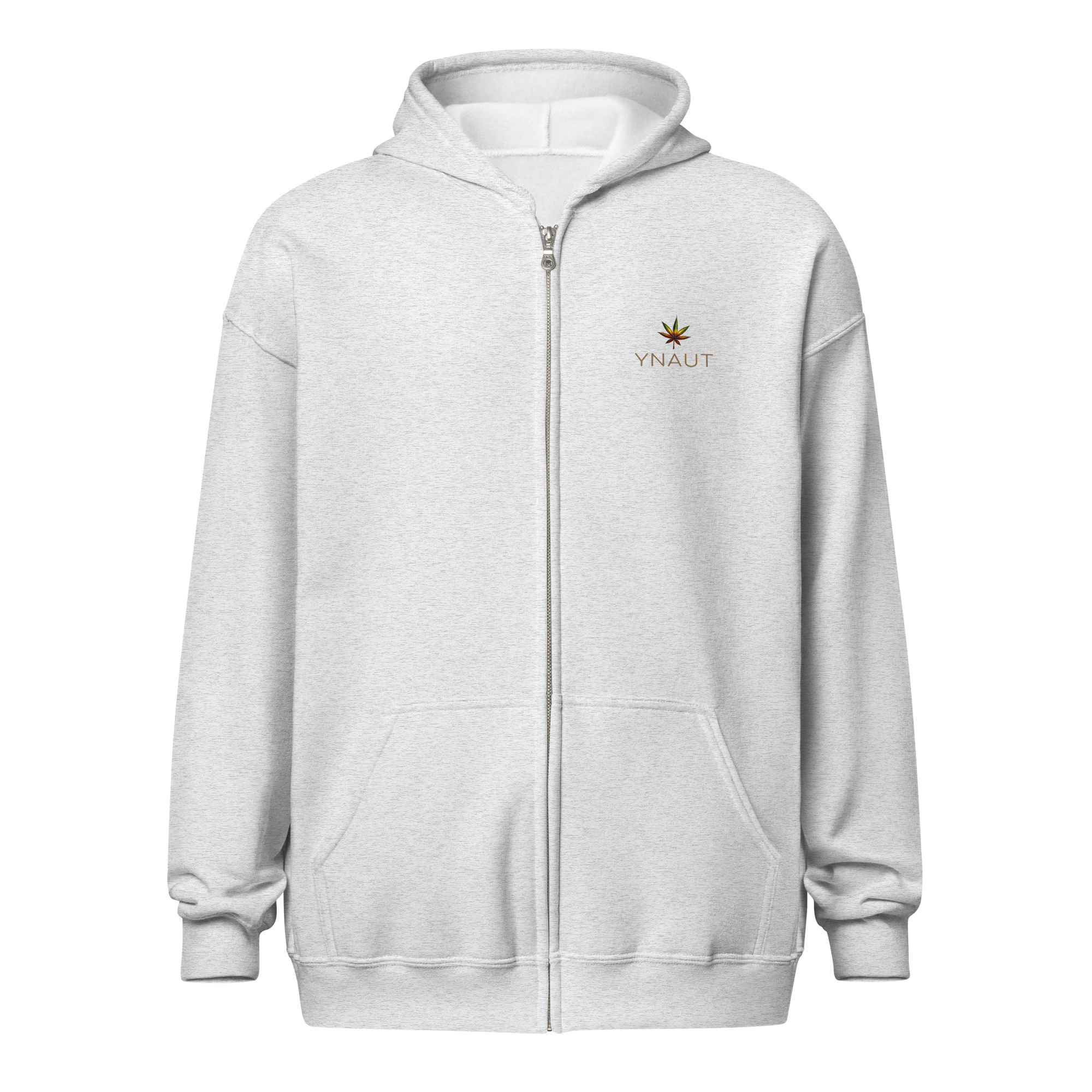 YNAUT Unisex Heavy Blend Zip Hoodie | Minimalist Reggae & Cannabis Lifestyle Layer with printed YNAUT logo, unisex-heavy-blend-zip-hoodie-ash-front-6a4c2b8276914