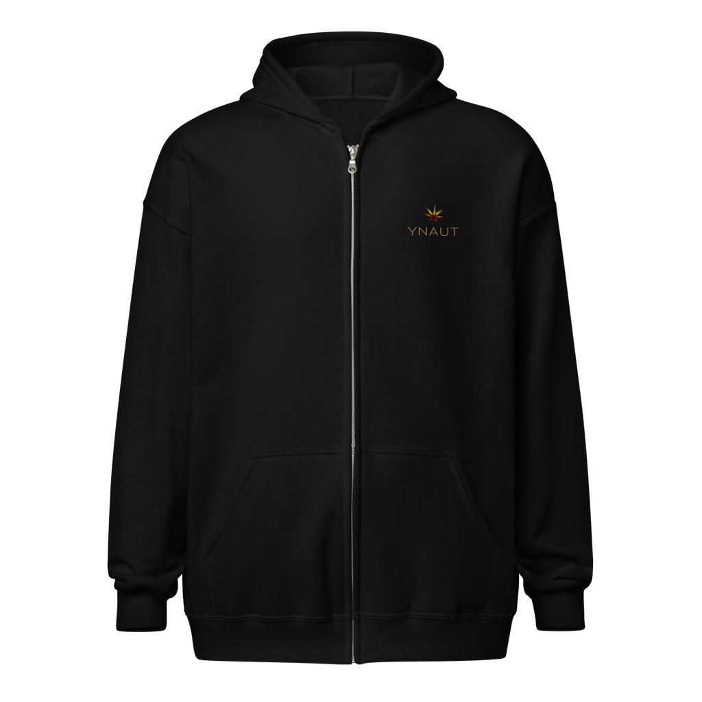 YNAUT Unisex Heavy Blend Zip Hoodie | Minimalist Reggae & Cannabis Lifestyle Layer with printed YNAUT logo, unisex-heavy-blend-zip-hoodie-black-front-6a4c2b8275131