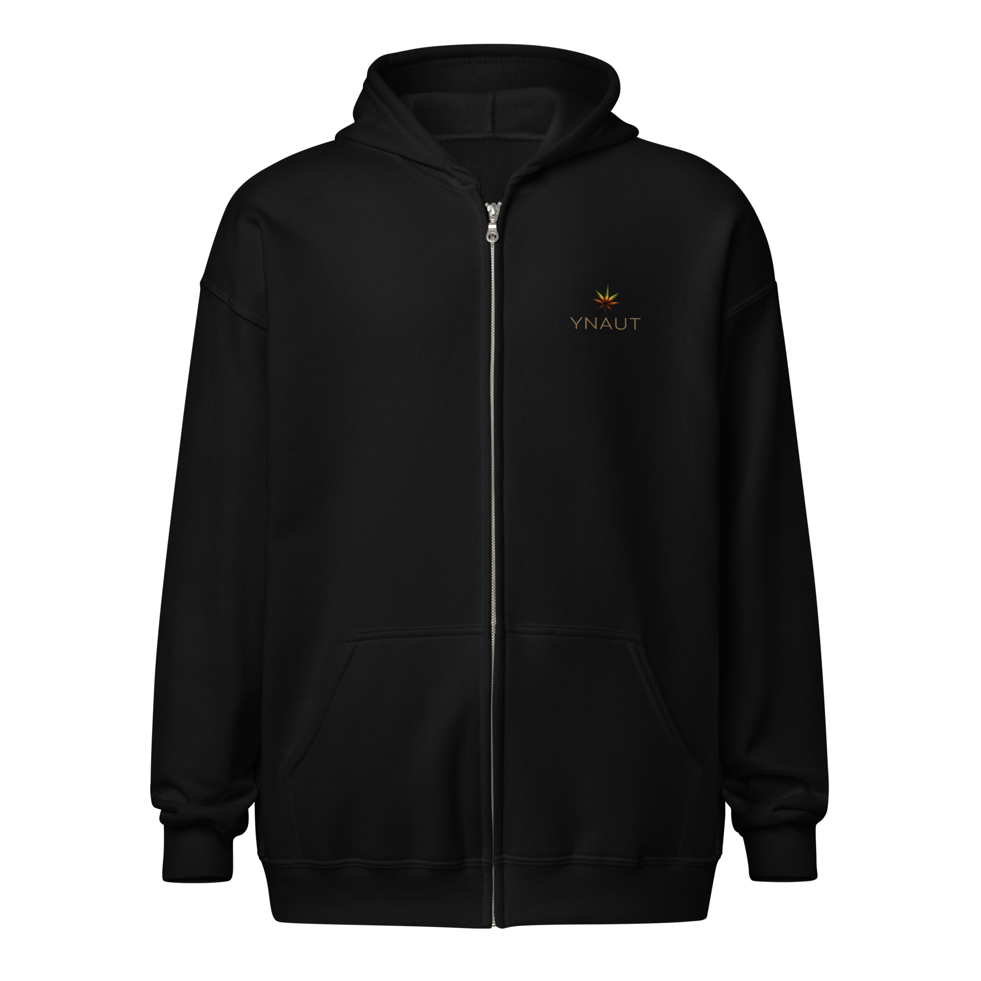 YNAUT Unisex Heavy Blend Zip Hoodie | Minimalist Reggae & Cannabis Lifestyle Layer with printed YNAUT logo, unisex-heavy-blend-zip-hoodie-black-front-6a4c2b8275131