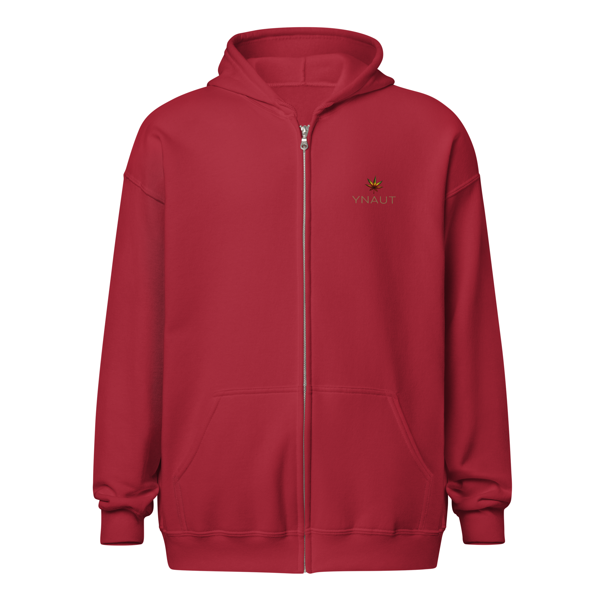YNAUT Unisex Heavy Blend Zip Hoodie | Minimalist Reggae & Cannabis Lifestyle Layer with printed YNAUT logo, unisex-heavy-blend-zip-hoodie-cardinal-red-front-6a4c2b8275b45
