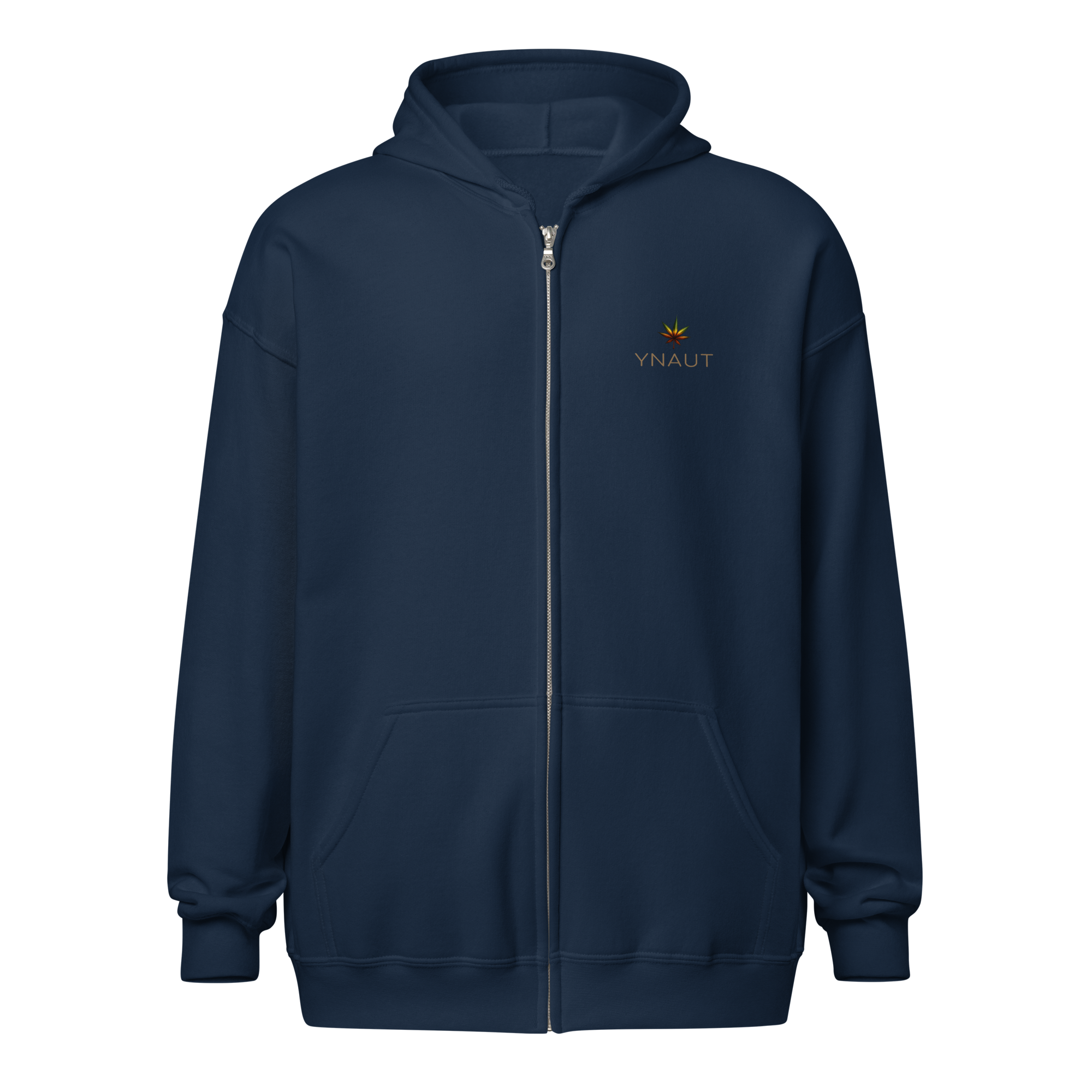 YNAUT Unisex Heavy Blend Zip Hoodie | Minimalist Reggae & Cannabis Lifestyle Layer with printed YNAUT logo, unisex-heavy-blend-zip-hoodie-navy-front-6a4c2b8275404
