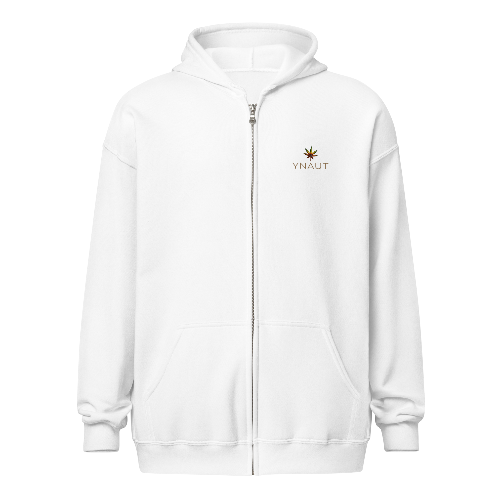 YNAUT Unisex Heavy Blend Zip Hoodie | Minimalist Reggae & Cannabis Lifestyle Layer with printed YNAUT logo, unisex-heavy-blend-zip-hoodie-white-front-6a4c2b8277adf