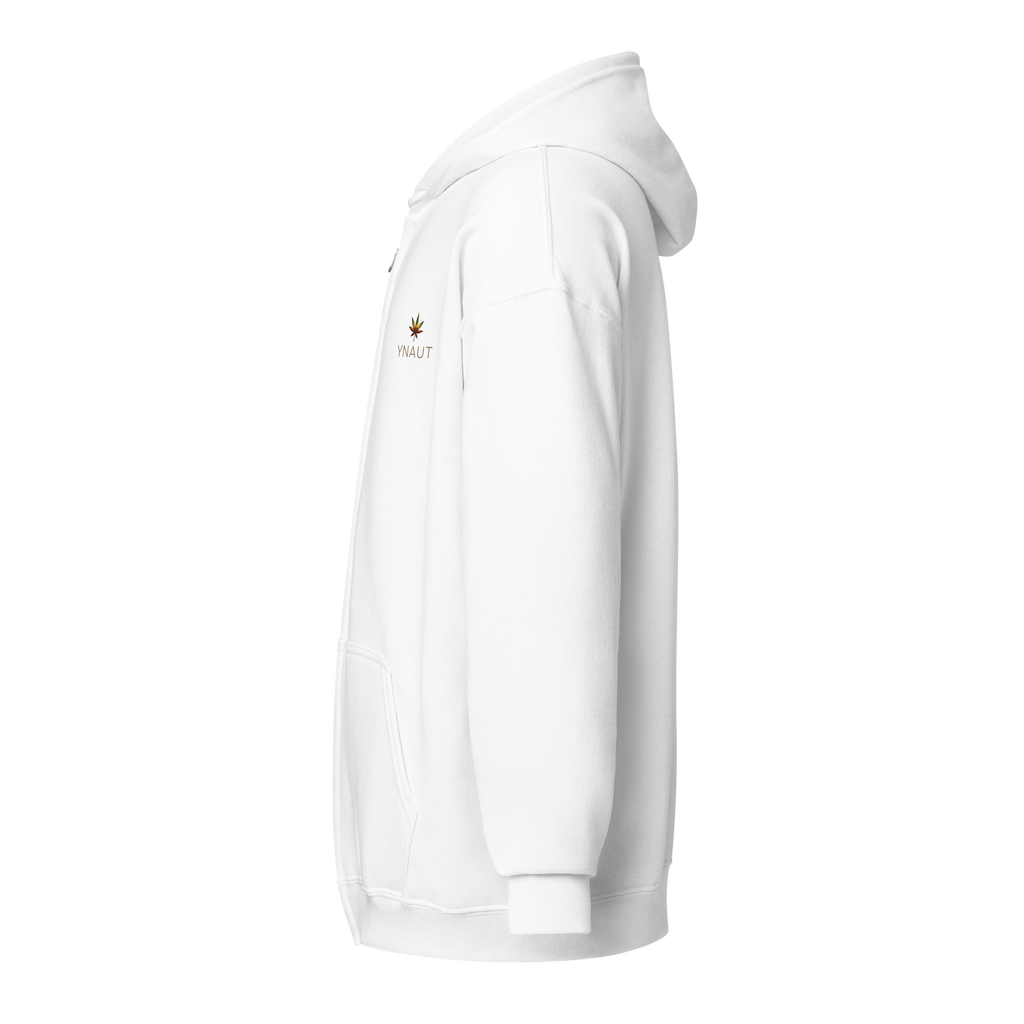 YNAUT Unisex Heavy Blend Zip Hoodie | Minimalist Reggae & Cannabis Lifestyle Layer with printed YNAUT logo, unisex-heavy-blend-zip-hoodie-white-left-6a4c2b827889a