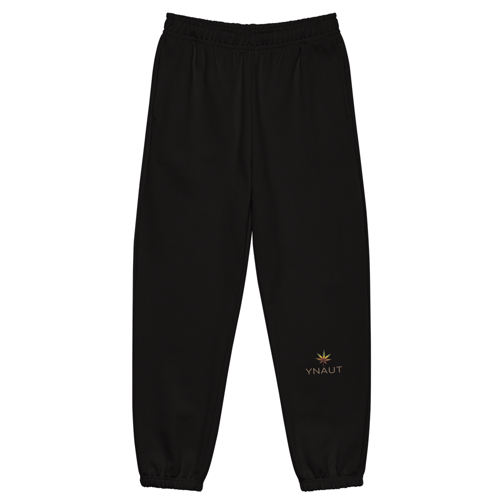YNAUT Heavyweight Sweatpants with printed YNAUT logo, unisex-heavyweight-sweatpants-black-front-69d80ae8702b0
