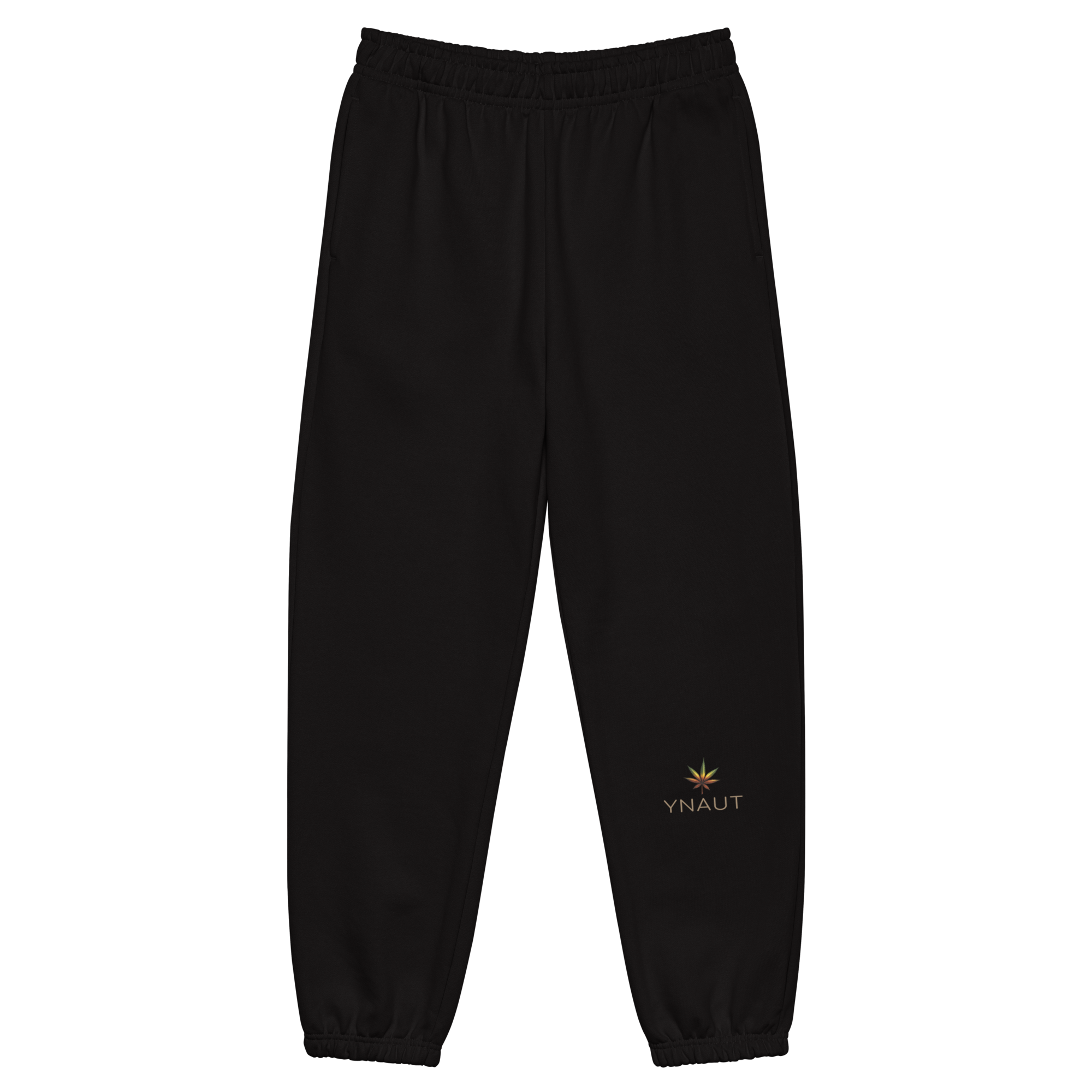 YNAUT Heavyweight Sweatpants with printed YNAUT logo, unisex-heavyweight-sweatpants-black-front-69d80ae8702b0