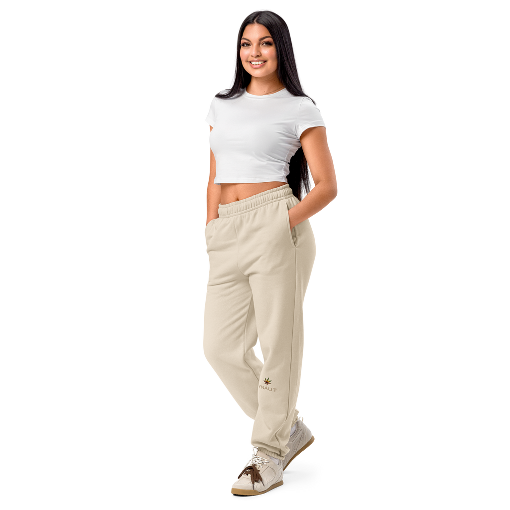 YNAUT Heavyweight Sweatpants with printed YNAUT logo, unisex-heavyweight-sweatpants-dust-left-front-69d80ae86e949