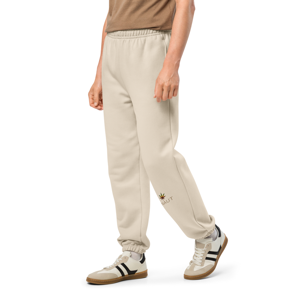 YNAUT Heavyweight Sweatpants with printed YNAUT logo, unisex-heavyweight-sweatpants-dust-left-front-69d80ae86fc26