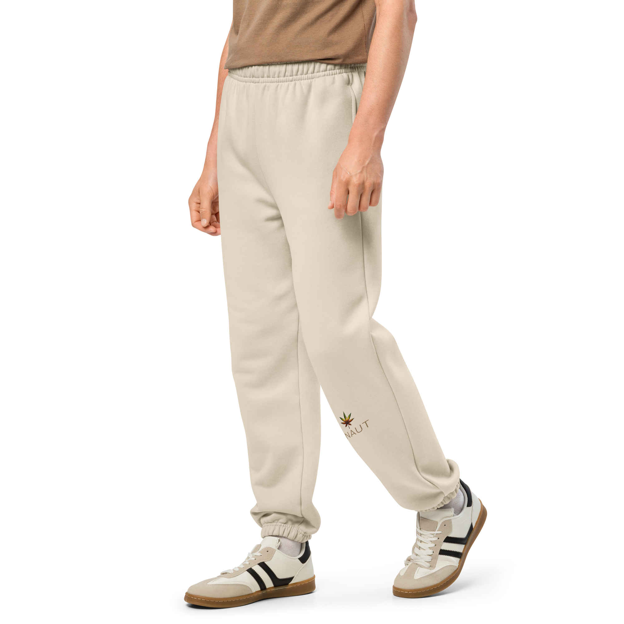 YNAUT Heavyweight Sweatpants with printed YNAUT logo, unisex-heavyweight-sweatpants-dust-left-front-69d80ae86fc26