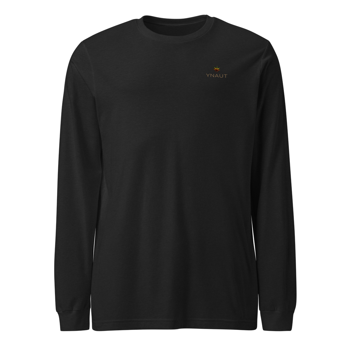 Premium Long Sleeve Tee | High Tide Collection | YNAUT with printed YNAUT logo, unisex-long-sleeve-tee-black-heather-front-6ab2c037e8f9d