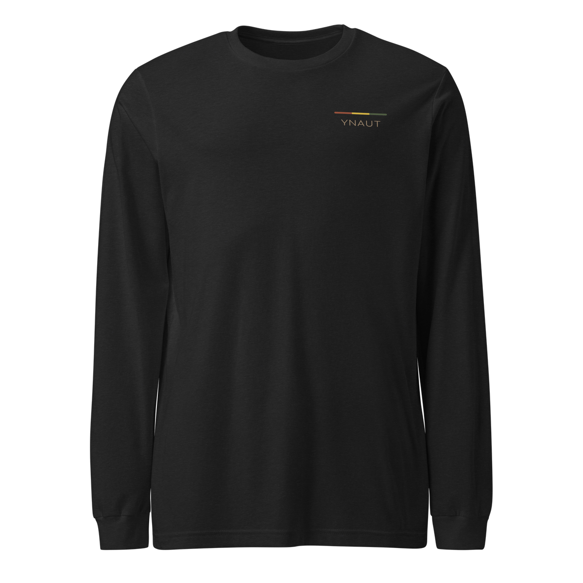 Premium Long Sleeve Tee | Rhythm Collection | YNAUT with printed YNAUT logo, unisex-long-sleeve-tee-black-heather-front-6ab3027601999