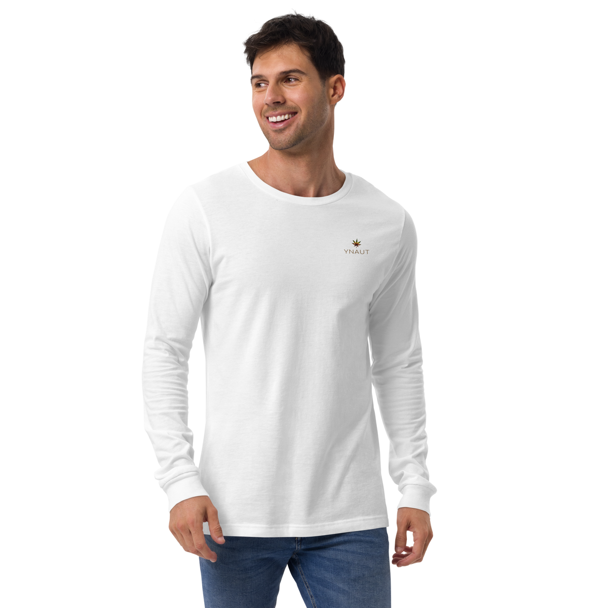 Premium Long Sleeve Tee | High Tide Collection | YNAUT with printed YNAUT logo, unisex-long-sleeve-tee-white-front-6ab2c037e77a5