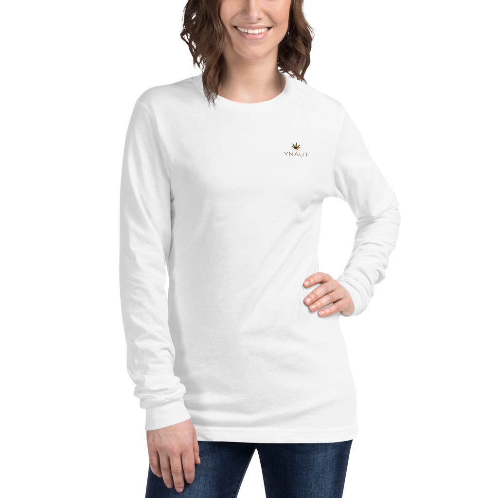 Premium Long Sleeve Tee | High Tide Collection | YNAUT with printed YNAUT logo, unisex-long-sleeve-tee-white-front-6ab2c3278e504