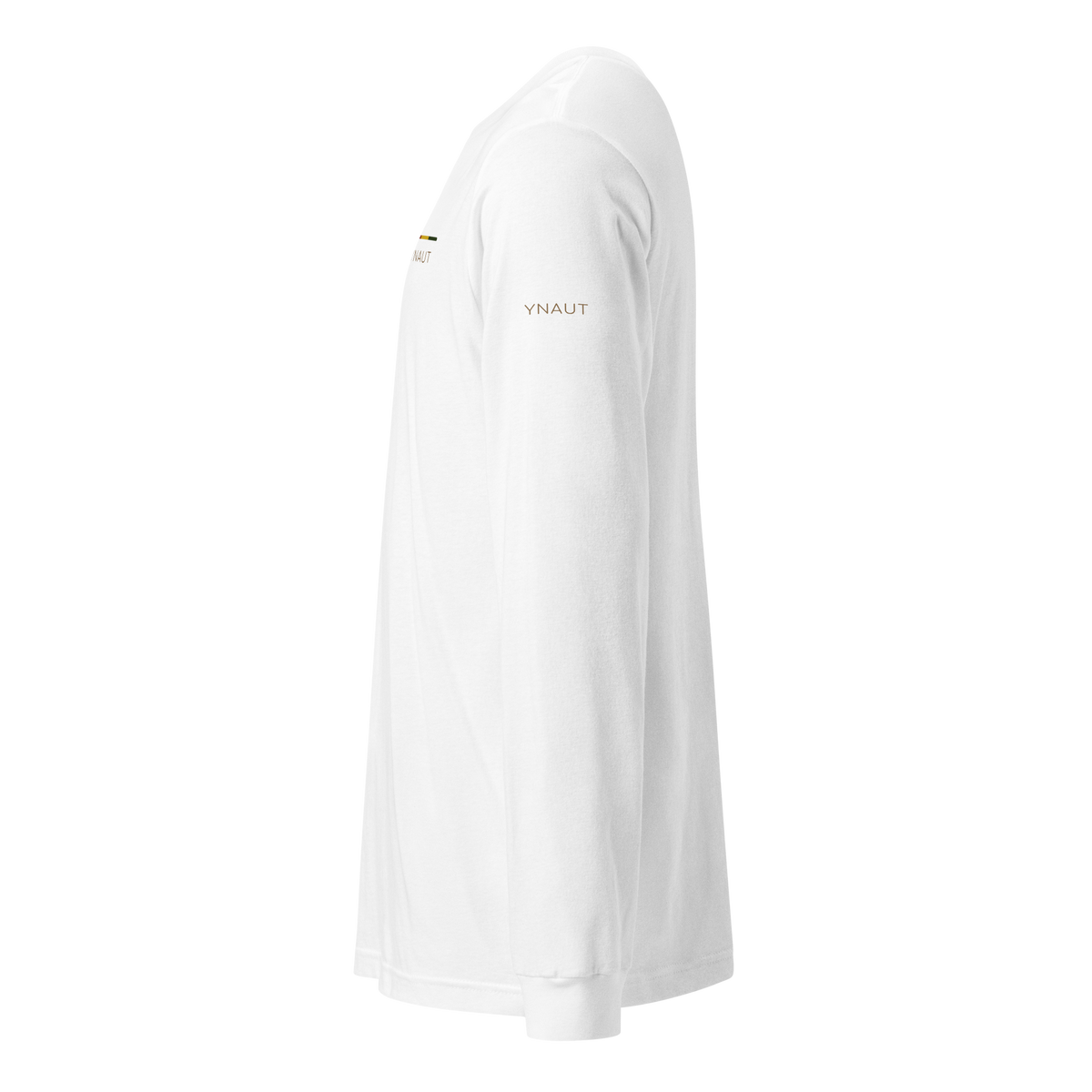 Premium Lightweight Long Sleeve Tee | Riddim Collection | YNAUT with printed YNAUT Riddim logo, white, left view